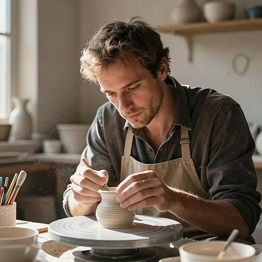 Photograph of a focused, bearded male potter with curly brown hair, wearing a black shirt and beige apron, shaping a ceramic bowl on