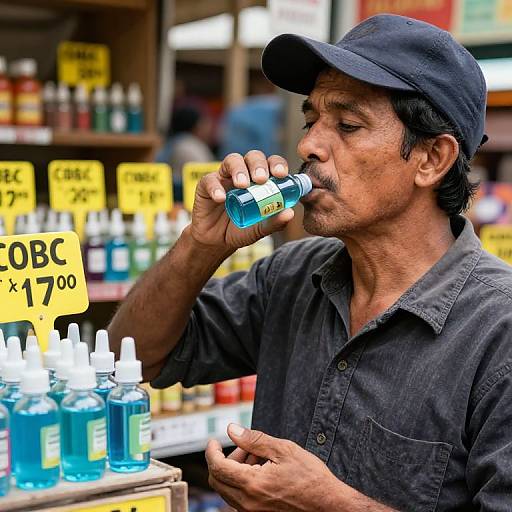 Photograph of an Asian man with a mustache, wearing a black cap and shirt, tasting blue liquid from a bottle in a colorful market stall.