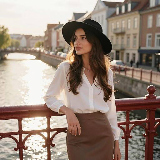 Photograph of a young woman with long brown hair, wearing a white blouse, brown skirt, and black hat, leaning on a red bridge railing,