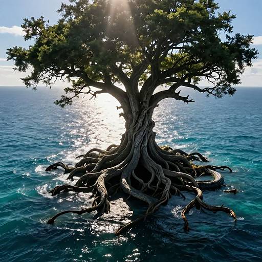 Photorealistic digital image of a majestic, sunlit tree with sprawling roots emerging from a shimmering, blue ocean under a clear sky.