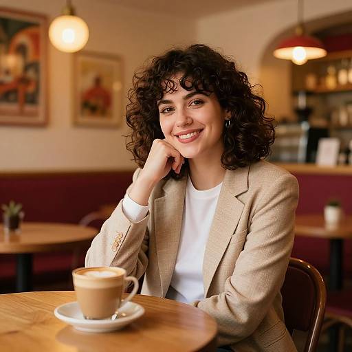 Photograph of a smiling, curly-haired woman in a beige blazer, white shirt, sitting at a wooden café table with a cappuccino