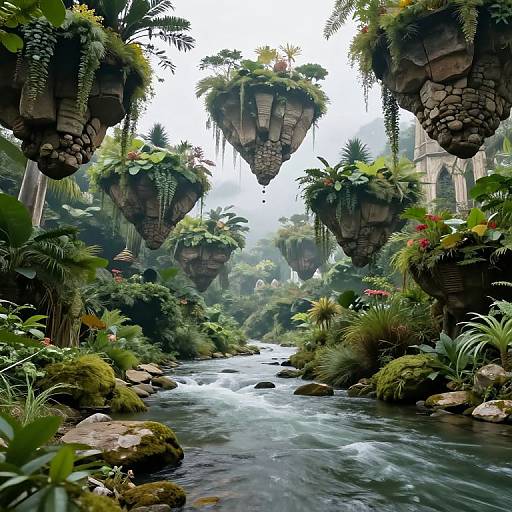 Fantasy CGI photograph of lush, jungle-like scene with floating, plant-covered rock islands above a rushing stream, surrounded by dense greenery.