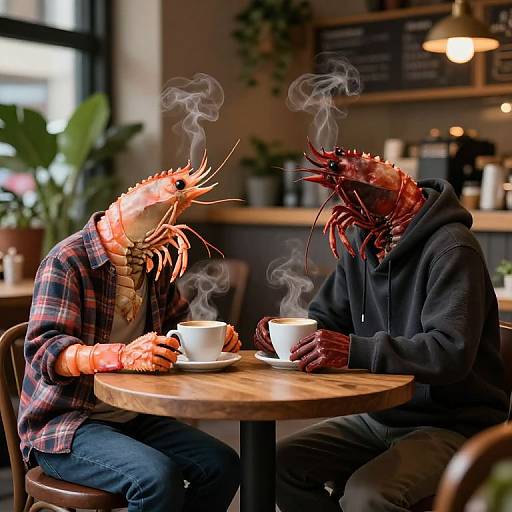 Photograph of two anthropomorphic crustaceans with lobster heads, one in a plaid shirt, the other in a hoodie, sitting at a wooden