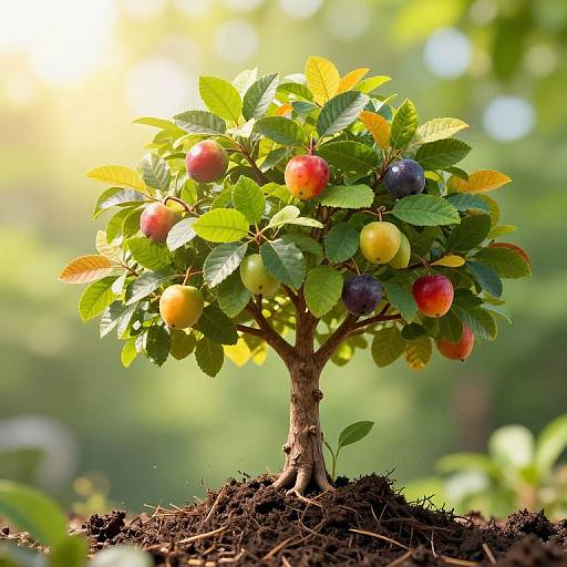 Photograph of a small apple tree with red, yellow, green, and purple apples, growing from dark soil, bathed in sunlight.