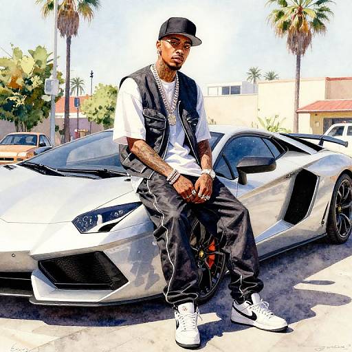 Watercolor Bad Boy Rapper on Lamborghini