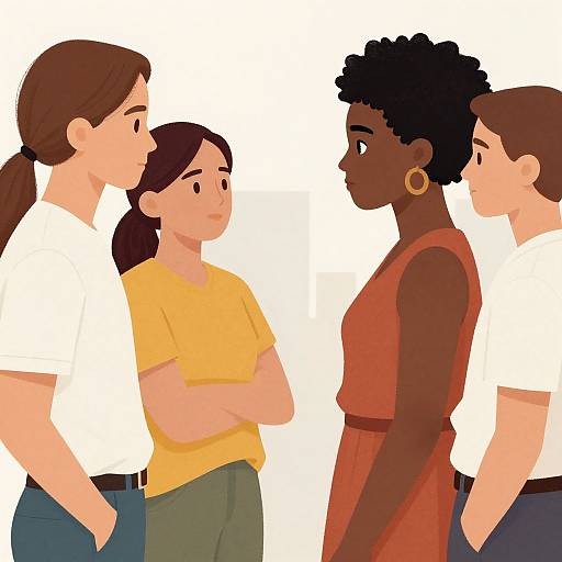 Digital illustration of four people: two white women with brown hair, one in white shirt, one in yellow; one Asian girl in yellow shirt; one