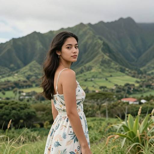 Photograph of a young woman with long dark hair in a floral dress, standing in a lush green mountain landscape.