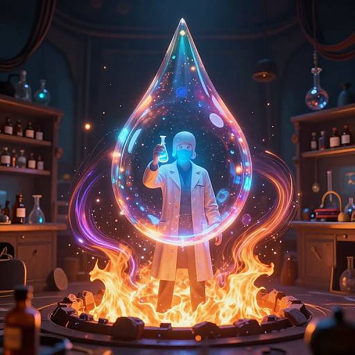 CGI image of a glowing scientist in a lab coat, holding a test tube, inside a neon, teardrop-shaped bubble, standing in a