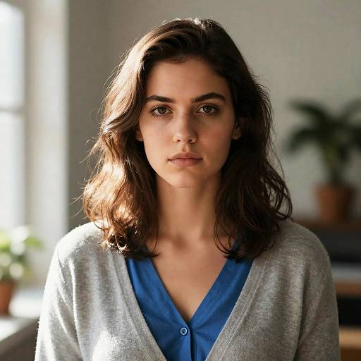 Serious Young Woman in Sunlit Room