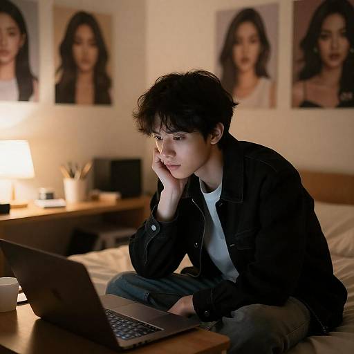 Dimly Lit Bedroom Portrait With Laptop