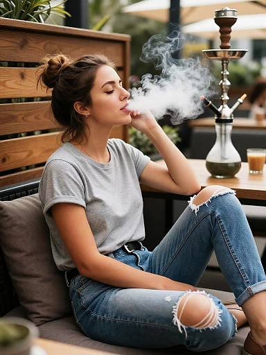 Candid Woman Smoking Shisha on Terrace