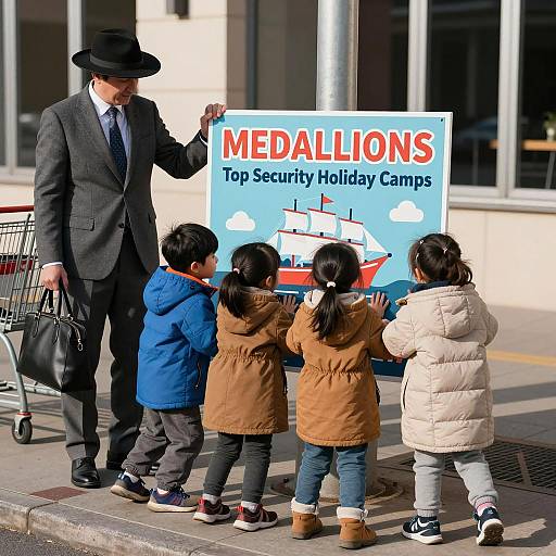 Vibrant Street Scene with Children and Man