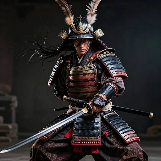 Photograph of a fierce samurai warrior in traditional armor with feathered helmet, holding a katana, ready to strike, dark background.