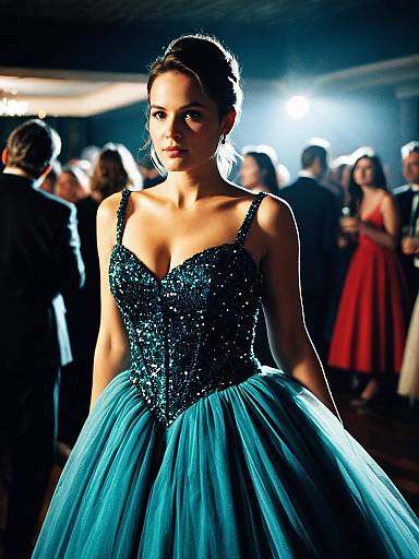 Woman in Blue Sequined Ball Gown at Formal Event