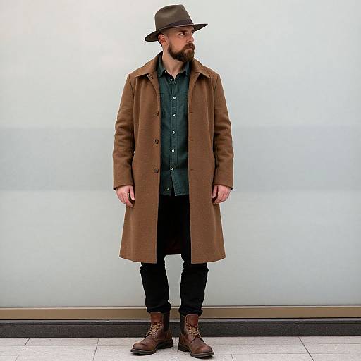 Photograph of a bearded man in a brown fedora, long brown coat, black shirt, black pants, and brown boots, standing against a