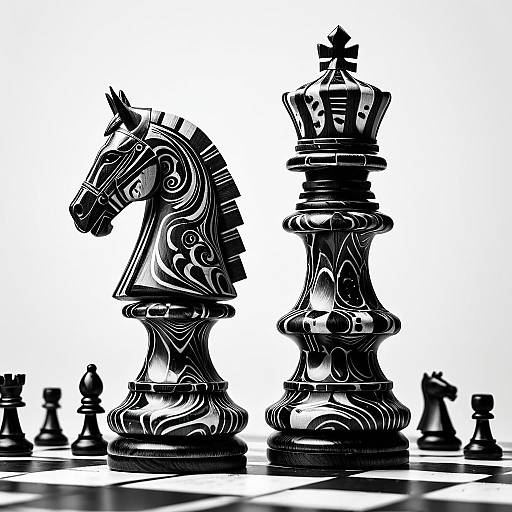 Intricately Carved Wooden Chess Knight and King