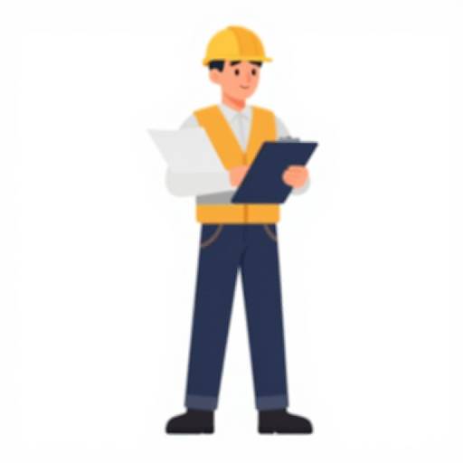 Digital illustration of a male construction worker in yellow hard hat, orange safety vest, white shirt, blue pants, holding a black clipboard, standing against a