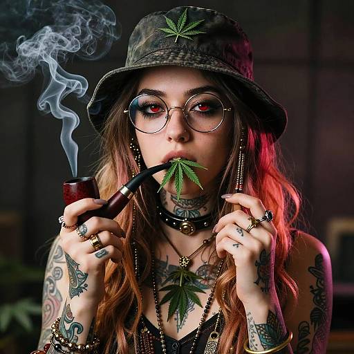 Tattooed woman with red and blonde hair, wearing a marijuana leaf hat and glasses, smoking a pipe with smoke curling. Dark background,