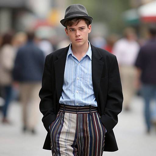 Photograph of a young white man with short brown hair, wearing a black hat, black blazer, blue striped shirt, and striped pants, standing