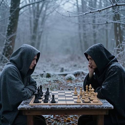 Photograph of two hooded individuals, in a snowy forest, intensely playing chess on a snow-dusted board, with trees in the background.