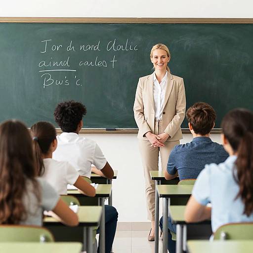 Smiling Blonde Teacher in Bright Classroom