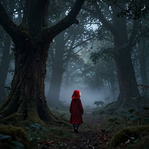 Photograph-style digital art: Silhouetted figure in red hooded cloak walks through foggy, dark forest with massive trees and distant, mist