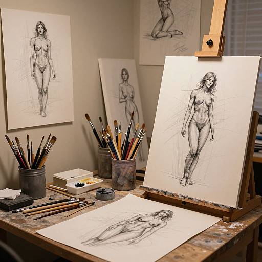 Photograph of an artist's desk with multiple pencil sketches of nude women, brushes in jars, and art supplies, illuminated by a standing lamp.