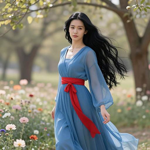 Photograph of an East Asian woman with long black hair, wearing a sheer blue dress and red sash, standing in a sunlit, blooming