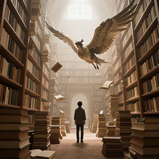 Digital artwork: Silhouetted man stands in a vast, foggy library with towering bookshelves. A majestic eagle with outstretched wings