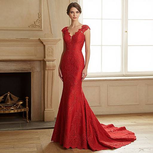 Photograph of a woman with dark hair in an elegant, red lace mermaid gown with a V-neck and cap sleeves, standing in a sunlit