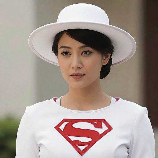 Woman in White Supergirl Costume with Hat