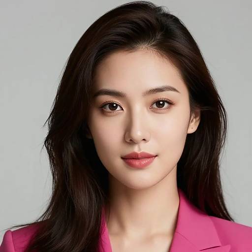 Photorealistic portrait of a young Asian woman with long black hair, fair skin, pink blazer, and subtle smile, against a light blue background