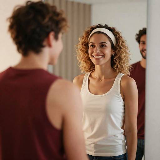 Smiling Woman Looking in Mirror with Man in Background