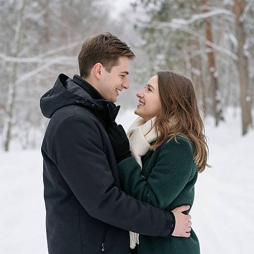 Photograph of a smiling couple standing in a snowy forest, wearing black and green coats with white scarves, embracing and looking at each other.