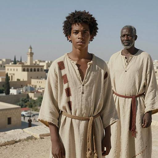 Young and Elderly Men in Traditional Linen Robes in Ancient Jerusalem