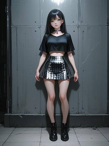 Digital anime-style photograph of a pale-skinned woman with black hair, wearing a black crop top, shiny black and silver skirt, choker, and