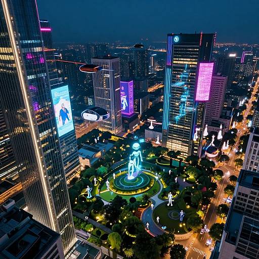 Nighttime aerial photograph of a neon-lit cityscape with illuminated skyscrapers, vibrant digital billboards, and a brightly lit circular park with statues