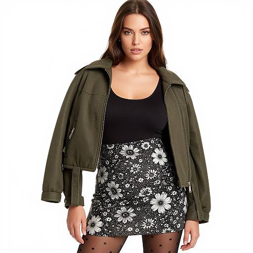 Photograph of a dark-haired woman in a black tank top, green military jacket, and black floral mini dress, standing against a white background.