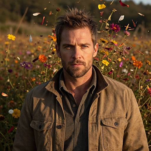 Photograph of a rugged, bearded man with spiky hair, wearing a brown jacket, standing in a sunlit field of colorful wildflowers.