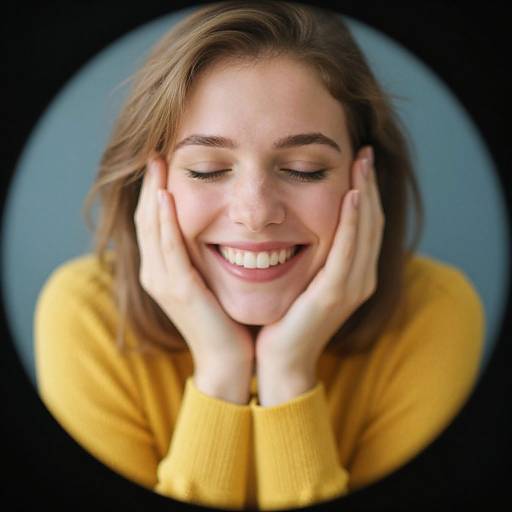 Photograph of a smiling young woman with light brown hair, closed eyes, and yellow sweater, hands cupping her cheeks, against a blue circular background