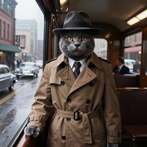 Noir Detective Cat on Rainy Train