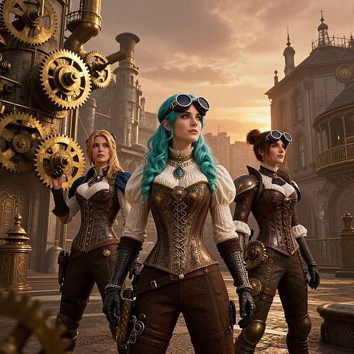 Digital art of three steampunk women with blue and brown hair, wearing corsets and goggles, standing in a sunset-lit, gear-filled,