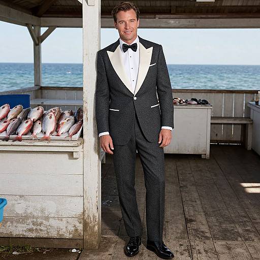 Photograph of a smiling man in a black tuxedo with white shirt and bow tie, standing by a seafood market by the ocean. Fish displayed