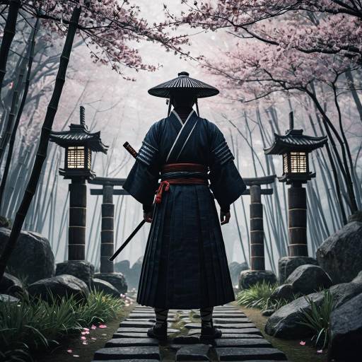 Samurai in Misty Bamboo Forest with Cherry Blossoms
