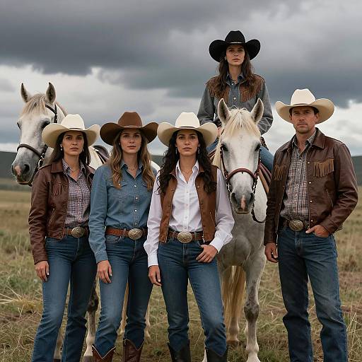 Group of Cowboys and Cowgirls with Horses Outdoors