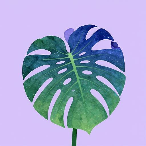 Watercolor-style digital artwork of a large Monstera leaf with gradient green to blue hues, white holes, and subtle speckles on a white