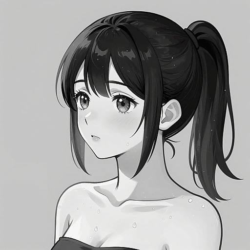Black-haired anime girl with large eyes, tied ponytail, wet skin, and off-shoulder top, depicted in monochrome digital art style.