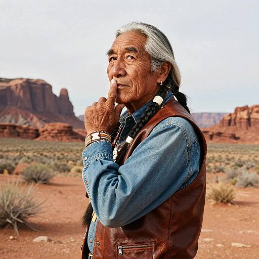 Photograph of an elderly Native American man with gray hair, wearing a denim shirt and brown leather vest, standing in a desert landscape with red rock formations