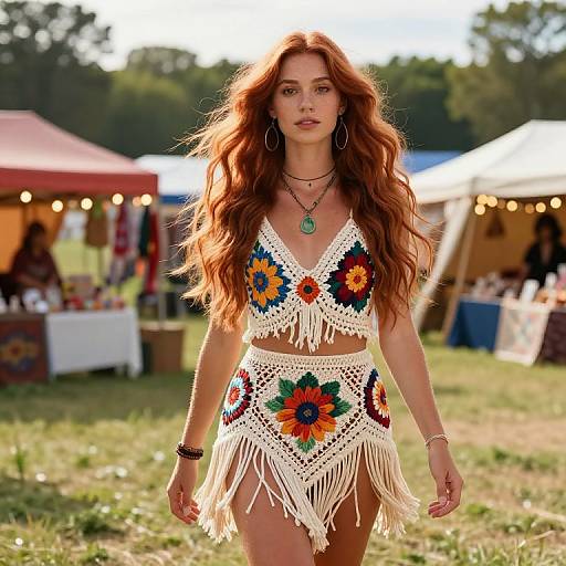 Photograph of a red-haired woman with long wavy hair, wearing a white crocheted bikini with colorful flower patterns, walking confidently at an outdoor