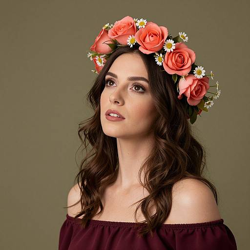 Photograph of a fair-skinned woman with wavy brown hair, wearing an off-shoulder maroon top and a floral crown with pink roses